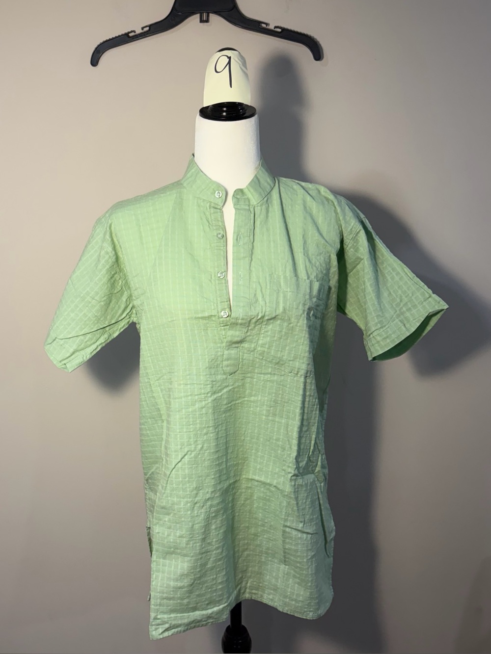 Light Green Mandarin-Collar Short Sleeve Blouse